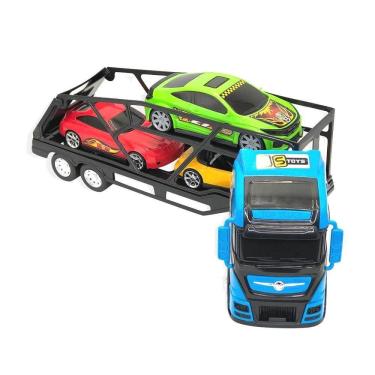 Imagem de Caminhão Cegonha Grande Com 03 Carrinhos Cabine Azul