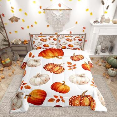 Imagem de Erosebridal Jogo de cama casal, abóbora de outono, dia de Ação de Graças, para crianças e adultos, conjunto de cama rústica de casa de fazenda, colheita de folhas de outono, decoração de quarto com 2