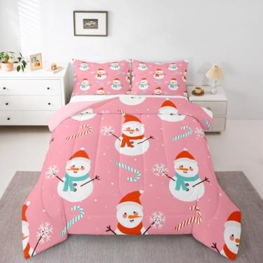 Imagem de Feelyou Conjunto de cama de Natal rosa macio para meninos e meninas, conjunto de edredom casal de floco de neve, edredom de microfibra, bengala doce, 3 peças com 2 fronhas