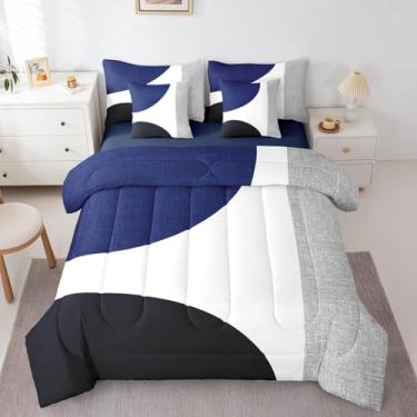 Imagem de Erosebridal Conjunto de edredom com 7 peças de cama abstrata azul marinho em uma bolsa, preto e branco, boêmio, geométrico, para minimalista, linhas listradas, arte moderna, aquarela, arte criativa