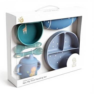 Imagem de Conjunto de silicone para alimentação de bebê, suprimentos de desmame para bebês, colheres de bebê, tigela de sucção, prato dividido, utensílios para comer alimentos sólidos de primeiro estágio (azul)