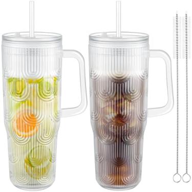 Imagem de NiHome 2 copos de plástico de 680 g com tampas e canudos, copos isolados de parede dupla com tampas rosqueadas à prova de vazamento, canecas de viagem para bebidas frias, café gelado, água, escola