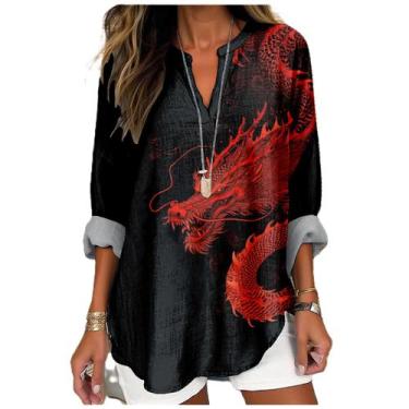 Imagem de Camiseta MARSVOVO Red Dragon Print com decote em V e manga comprida fe