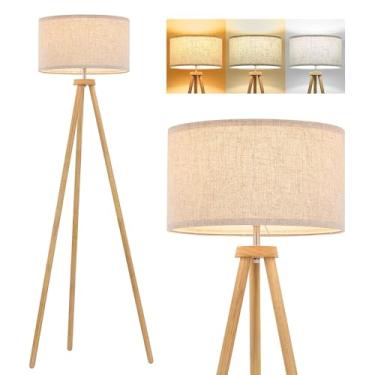 Imagem de ELYONA Tripé de madeira para sala de estar, luminária de pé nórdica com lâmpada LED de 3 temperaturas de cor incluída e sombra de linho bege, pedal de pé, lâmpada alta para quarto, escritório, sala de