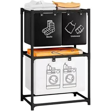 Imagem de Cesto Organizador Vertical 2 Andares com 3 Compartimentos | Compacto, Durável e Fácil de Montar | Ideal para Roupas, Lavanderia, Quarto e Banheiro – Preto