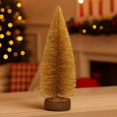 Imagem de Mini Árvore Natalina Decorativa, Pinheiro Dourado, 30cm, Base em Madeira, para Mesa, Vila de Natal, Presépio, Decoração Festiva