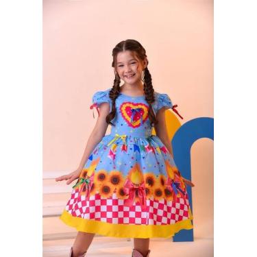 Imagem de Vestido Infantil Junino Luxo Azul Girassol Colorido - Tamanho P, M e G