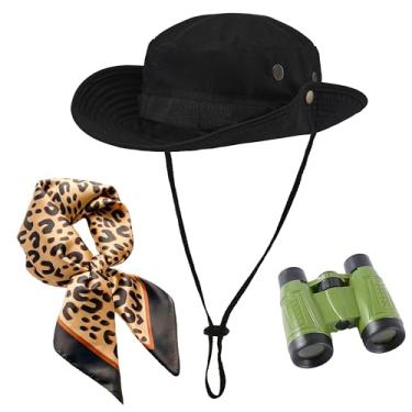 Imagem de Gionforsy Conjunto de 3 peças de fantasia de safári feminino binóculo de Halloween acessórios de roupa de safári chapéu balde de pescoço de leopardo cachecol cosplay, Preto, One Size