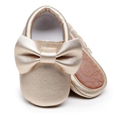 Imagem de HONGTEYA Mocassins para bebês com sola de borracha e sola macia – Estampa floral de couro PU borla laço para meninas Sapatos de balé para crianças pequenas, Dourado, 6-12 Months Infant