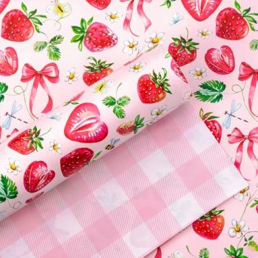 Imagem de Yarcony Rolo de papel de embrulho de morango, lindo laço para presente, morangos, floral, borboleta e xadrez, papel de embrulho rosa para aniversário de meninas, chá de bebê, dia dos namorados (mini