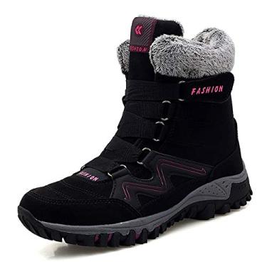 Imagem de Bigfanshu Botas de neve masculinas de inverno pretas para manter aquecidas, sapatos casuais para trabalho de inverno, tênis de couro, botas de cano alto, moda masculina, oxfords de cano médio, botas de caminhada sem cadarço e sem cadarço, Preto e vermelho, 38 BR G