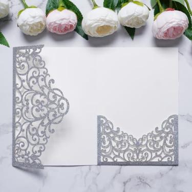 Imagem de ponatia 20 peças de bolsos prateados para convites de casamento com glitter e corte a laser, bolsos de convite com corte a laser de 15 x 17 anos para chá de panela, convite de 15 anos (sem envelopes e