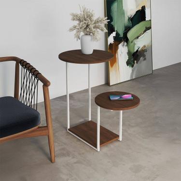 Imagem de Mesal Lateral Cibele Tampo Redondo Ferro Branco Tampo Amêndoa