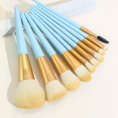 Imagem de Conjunto de pincéis de maquiagem 10 peças de corretivos sintéticos premium em pó para sombras para os olhos e blush pincéis de maquiagem (azul)