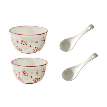 Imagem de Tigela de arroz requintada de desenho animado de cerâmica fresca e resistente a altas temperaturas - tigela de arroz "Fubao" - 2 tigelas e 2 colheres