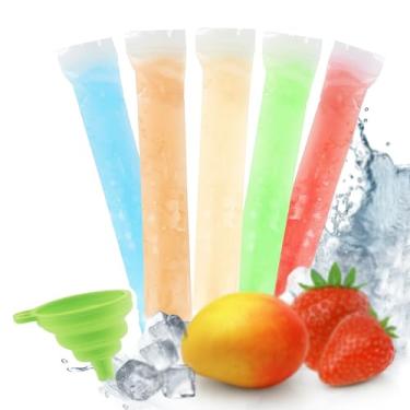 Imagem de 50 sacos de molde de picolé de gelo com funil, máquina de gelo para suco, palitos de iogurte e coquetéis, tubos retangulares para freezer de 11,02 polegadas (140 ml)