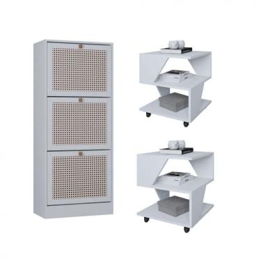 Imagem de Kit Sapateira Spin Tropical 3 Portas E 2 Mesas De Cabeceira Branco