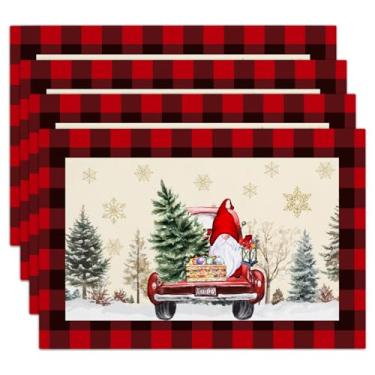 Imagem de Jogo americano de Natal com árvore de Natal, caminhão, gnomo, conjunto de 4, tapetes de mesa xadrez vermelho buffalo, decoração para Natal, mesa de jantar, cozinha, festa, férias, 30,5 x 45,7 cm, à
