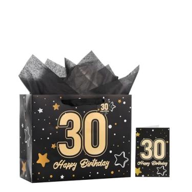 Imagem de Saco de presente de aniversário de 30 anos preto de 33 cm com lenços e cartões, adequado para festas de aniversário e comemorações de aniversário. Saco de presente de tamanho médio (1 peça preta)