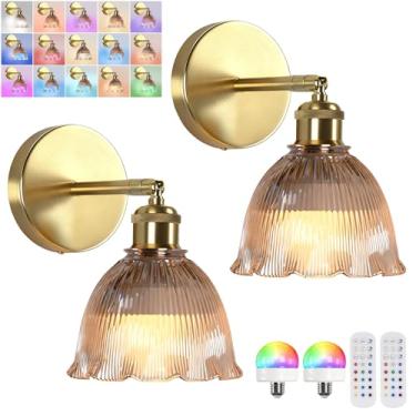 Imagem de Jaenmsa Arandela de parede vintage operada a bateria com abajur de vidro ondulado âmbar recarregável a bateria com controle remoto para cabeceira, quarto, banheiro, conjunto de 2