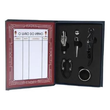 Imagem de O Livro do Vinho Kit Completo, 5 Peças com Saca-Rolhas, Anel Salva-Gotas, Tampa, Abridor e Cortador de Lacre, Preto e Prata, Design Elegante, Acabamento Sofisticado