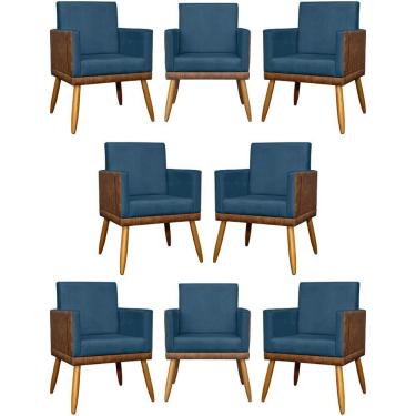 Imagem de Kit 8 Poltronas Decorativas Modernas Para Recepção Lis Corino Pé 30 Cm - Azul-marinho Suede Corino