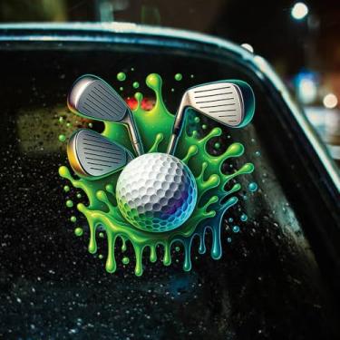 Imagem de Decalque de bola de golfe e tacos – Adesivo de vinil de 17,8 x 17,3 cm com efeito de tinta pingando – Design esportivo para janela de carro, laptop, parede – impermeável e removível