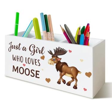 Imagem de YTRGI Moose Lover Gifts Porta-lápis organizador para mesa, Just a Girl Who Loves Moose caixa de madeira bloco de madeira para decoração de mesa de escritório em casa, presentes para amantes de animais