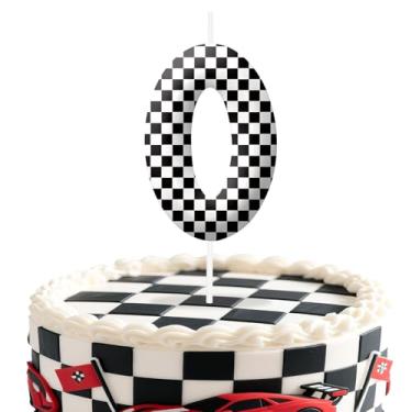 Imagem de Velas de aniversário número 0 de carros de corrida, preto e branco, com tema de bandeira quadriculada para meninos e meninas, decorações de bolo para aniversários, suprimentos de festa com tema de
