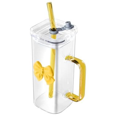 Imagem de LUMINFLY Copo de vidro laço com alça, caneca de vidro longo transparente com canudo e tampa, elegante xícara de chá de limão e café com leite