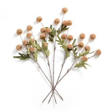 Imagem de 5 peças de flores artificiais para mães com pompom de outono, mini crisântemo de seda Kiku falso com hastes longas – flores falsas de outono para buquê de bricolage, enchimentos de casamento