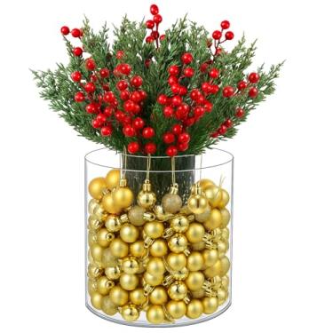 Imagem de GlikCeil Conjunto de decoração de vaso de Natal com 112 peças – 2 vasos transparentes, 80 bolas douradas de Natal, 20 ramos artificiais de pinheiro norfolk e 10 hastes de frutas vermelhas para