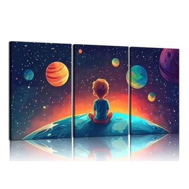Imagem de 3 peças de arte de parede em tela Space Boy Cute Inspirational Space Fantasy Wall decor pictures with Planet Pattern Poster Prints Painting for Child's Bedroom and Home Decoration Ready To Hang tela
