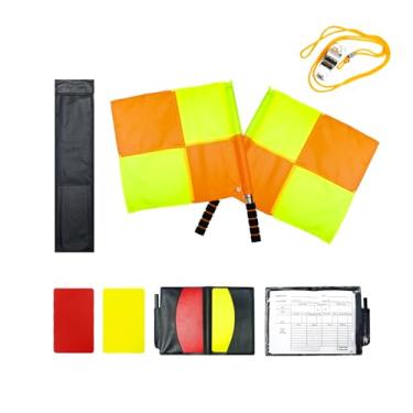 Imagem de Kit profissional de árbitro de futebol com bandeiras xadrez, cartões amarelos vermelhos, apito e livro de pontuação – Conjunto completo de equipamentos de árbitro de futebol para partidas e