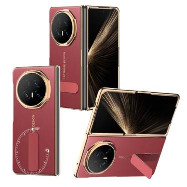 Imagem de FWYANZH Capa para Honor Magic V5, capa de proteção completa de couro genuíno galvanizado com suporte giratório protetor de tela à prova de choque antiqueda, vermelha, V5