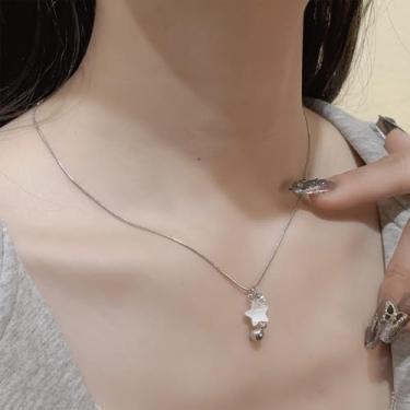 Imagem de Colar feminino com pingente de estrela de concha do mar, corrente de elos prateados, colar de gargantilha de bola fofa, presente para dia dos namorados, festa na praia