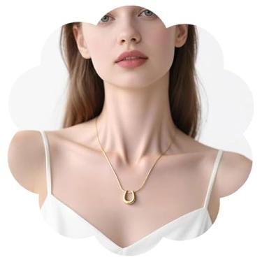 Imagem de Elegante colar feminino banhado a ouro 18K com pingente de ferradura com corrente de comprimento ajustável, design minimalista delicado, joia com símbolo da sorte, adição ao guarda-roupa da moda