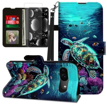 Imagem de BREIDMKFM Capa para Google Pixel 10 Pro, capa para Google Pixel 10 com protetor de tela e suporte, suporte para cartão e alça de pulso flip carteira de couro magnética, tartaruga marinha verde