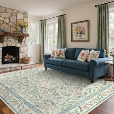 Imagem de GENIMO Tapete lavável de 12 x 18 cm, tapete floral boho vintage antiderrapante, tapete macio e fino para sala de estar, sala de jantar, berçário, verde