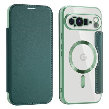 Imagem de MRRSIWEI Capa carteira para Google Pixel 10 Pro XL com suporte para cartão, elegante à prova de choque de couro PU magnético negócios bloqueio RFID capa transparente para Google Pixel 10 Pro XL. Verde