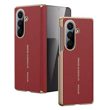 Imagem de FWYANZH Capa de couro para Samsung Galaxy Z Fold 7, capa traseira magnética para celular, proteção da dobradiça da câmera, borda dourada galvanizada, capa executiva, vermelha, dobra 7