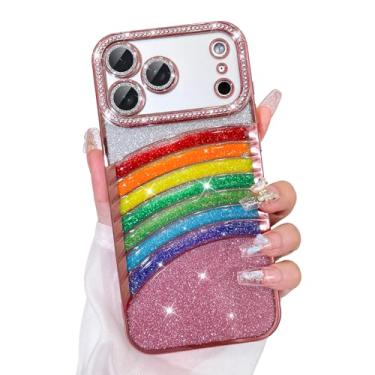 Imagem de Bonoma Capa com glitter para iPhone 17 Pro Max, luxuosa, brilhante, arco-íris, galvanizada, para mulheres e meninas, capa protetora macia à prova de choque para iPhone 17 Pro Max, rosa