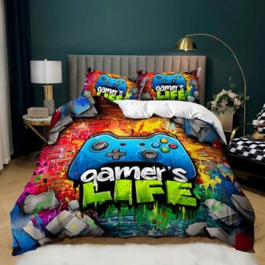 Imagem de AILONEN Conjunto de capa de edredom de console de jogos azul de desenho animado, tamanho king, jogos de jogo para crianças, meninos, capa de edredom estilo grafite colorido, 3 peças, 1 capa de colcha