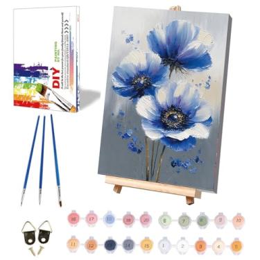 Imagem de Pintura fácil de flores por números para adultos com tela emoldurada - com cavalete de madeira, pintura de flores por número para iniciantes, pintura a óleo acrílica DIY em tela com pincéis para