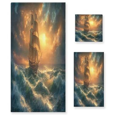 Imagem de ATTX Conjunto de toalhas de banho de pintura a óleo de navio à vela de 3 peças - Ultra macio e de secagem rápida, toalhas de mão absorventes de grau de hotel e spa para banheiro #592