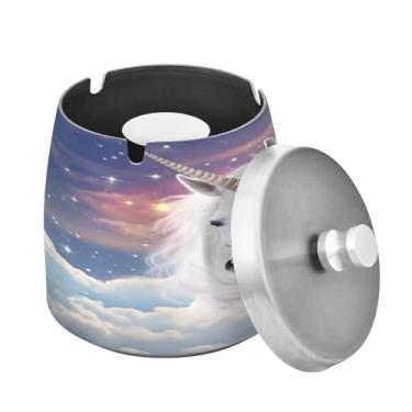 Imagem de Blueangle Cinzeiro de cavalo branco com tampa para cigarros, à prova de vento/chuva, aço inoxidável, sem fumaça, inodoro, cinzeiro para uso interno ou externo (542)