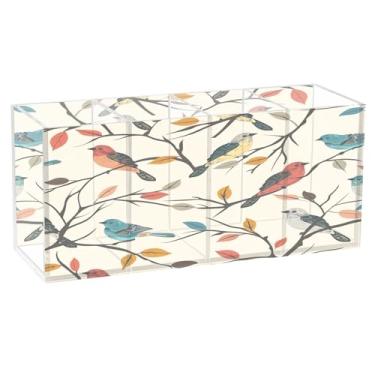 Imagem de SEHANY Lindo porta-canetas de acrílico com flores em aquarela, pássaro, 4 compartimentos, porta-lápis transparente, organizador de pincéis de maquiagem, organizador de papelaria para escritório, casa