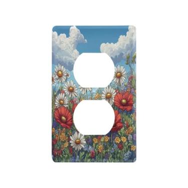 Imagem de Blueangle Placa de parede de tomada dupla de flores silvestres coloridas, tamanho padrão, placas de cobertura de tomada elétrica de 1 gangue para decoração de quarto de escritório em casa, 4,53 x 2,76