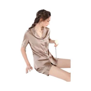 Imagem de Conjunto De Pijamas Femininos De Verão Em Cetim Sólido Confortável Em 