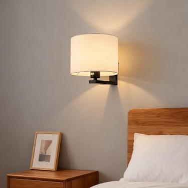 Imagem de GZZBMY E27 Lâmpadas de parede internas Arandela de metal moderna com tecido redondo Abajur Iluminação de parede de cabeceira para quarto sala de estar escada (sem lâmpada) (Redondo, Preto Branco)